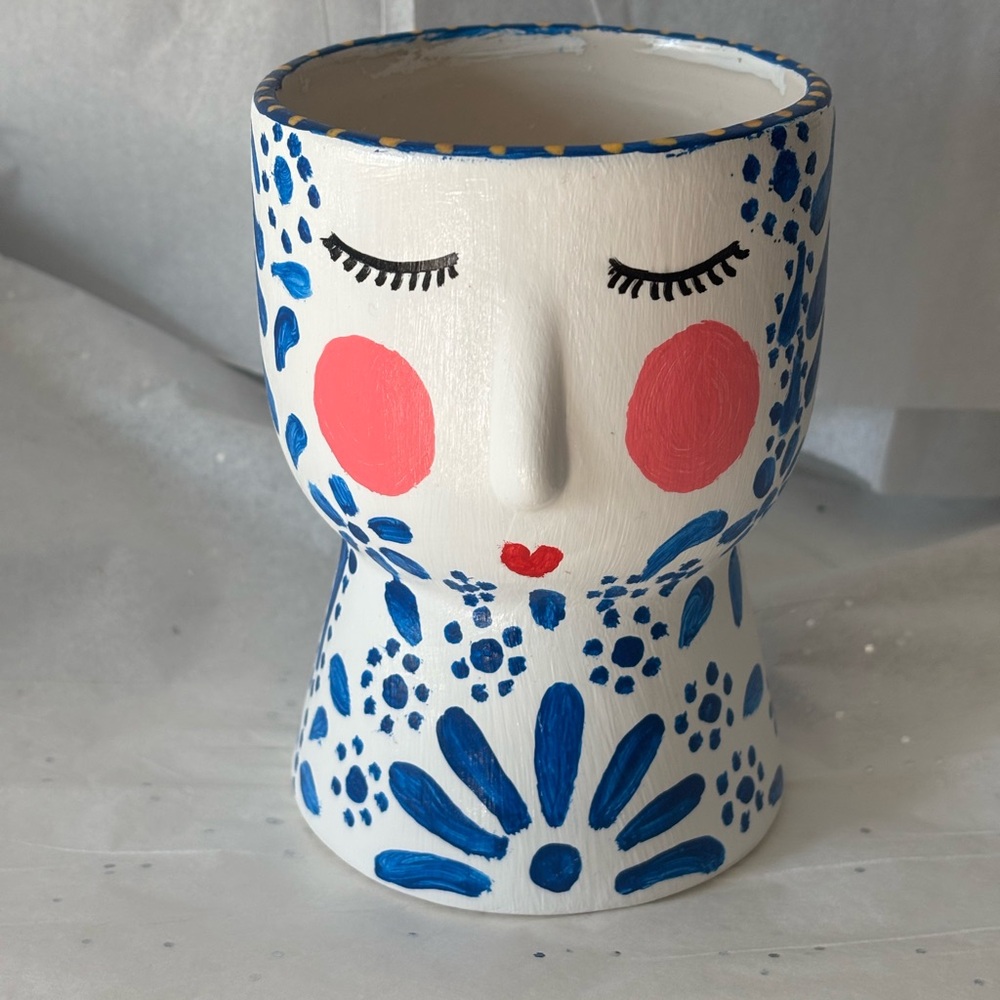 Unique Hand Painted Mexican Talavera Design Face Ceramic Planter Vase